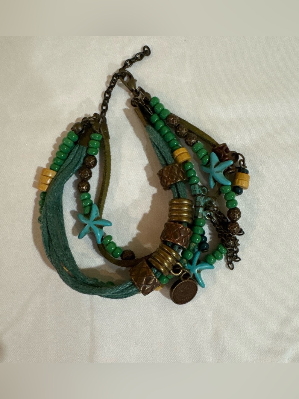 Boho Green Multistrand Beaded Bracelet with Starfish Charms